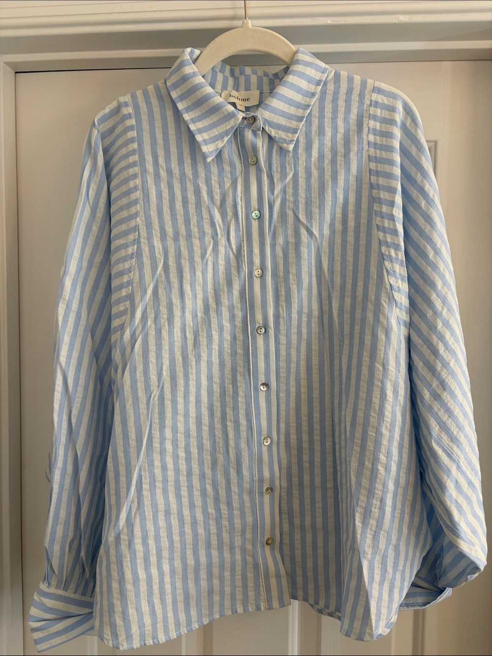 bohme Light Blue and White Striped Bat-Wing Button-Down Shirt